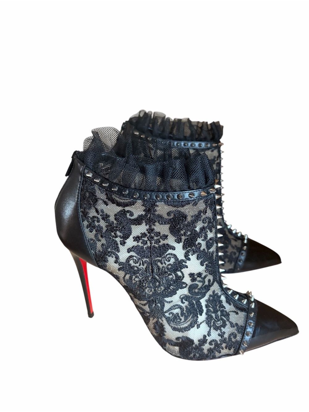 Christian Louboutin Pigalla Black Lace Ruffle Spike Ankle Boot - Picture 4 of 7